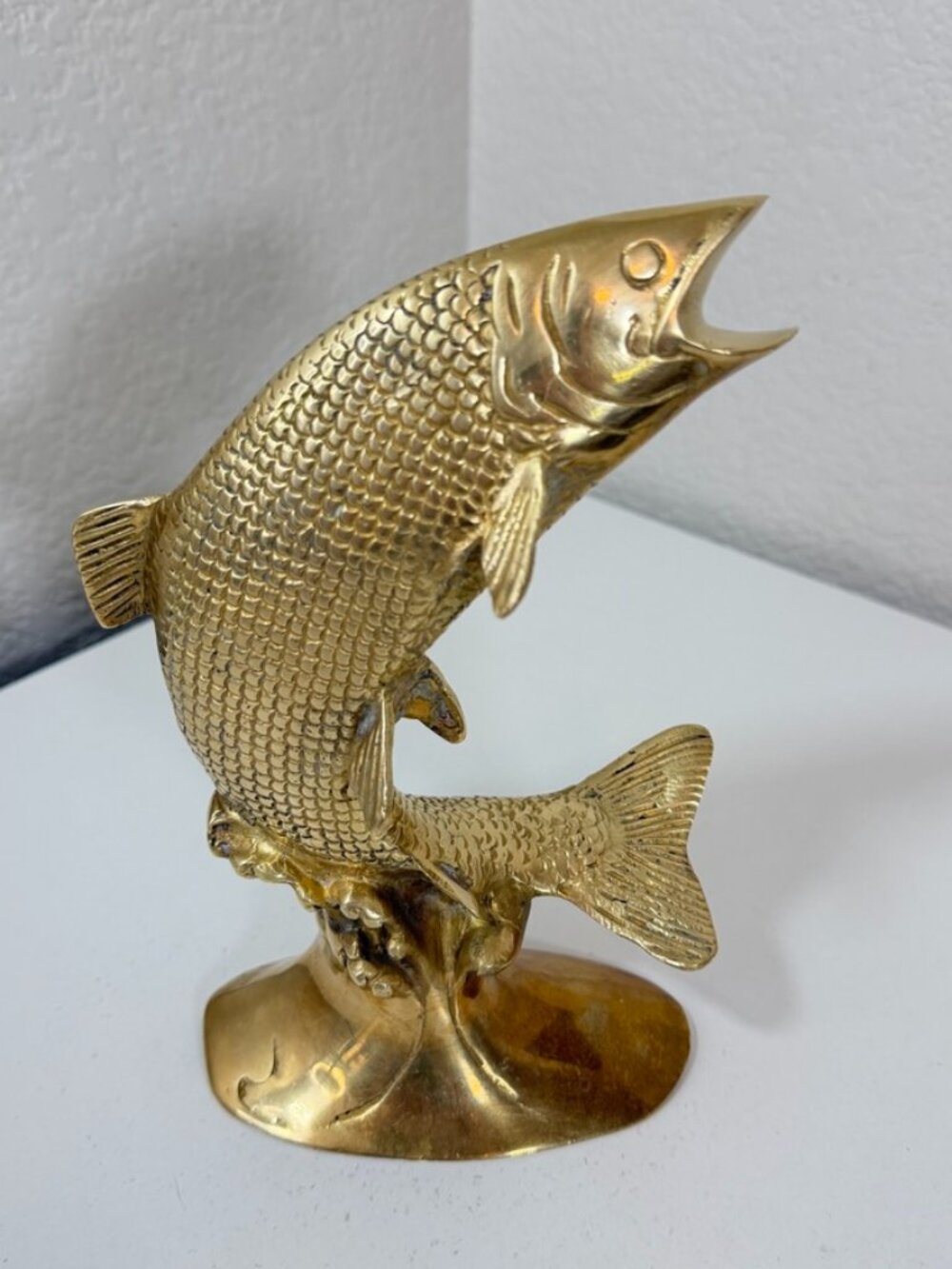 VTG MCM Solid Brass Leaping Bass Trout Koi Fish Figurine Statue Nautical India
